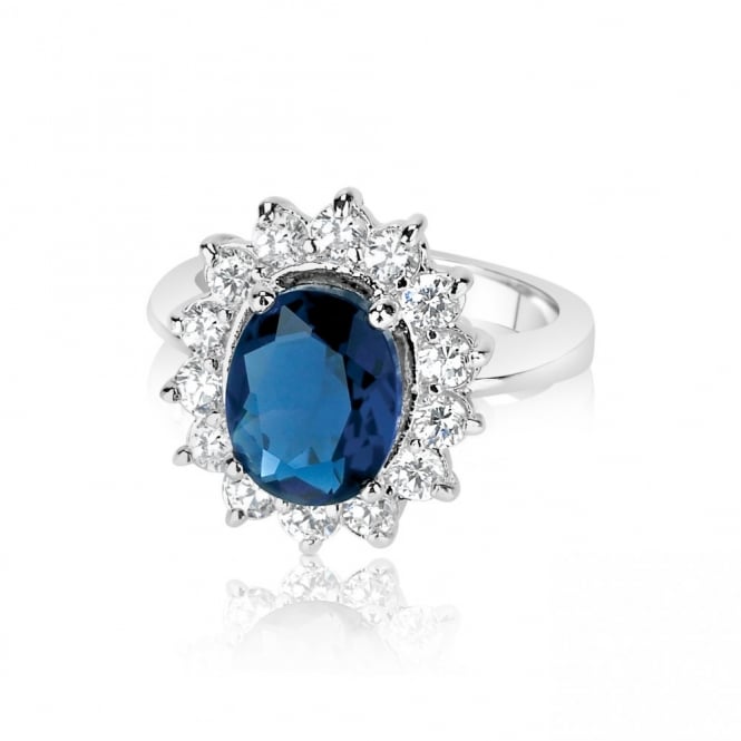 Rhodium Plated Ring Blue Centre Stone