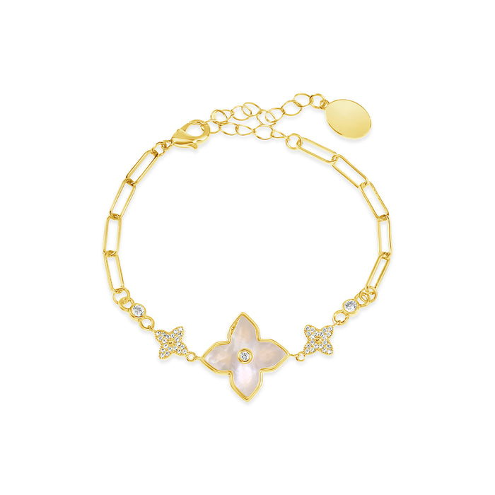 18K GOLD PLATED BRACELET WITH CUBIC ZIRCONIA STONES AND MOTHER OF PEARL B2009GOLD WITH A FREE GIFT BOX.