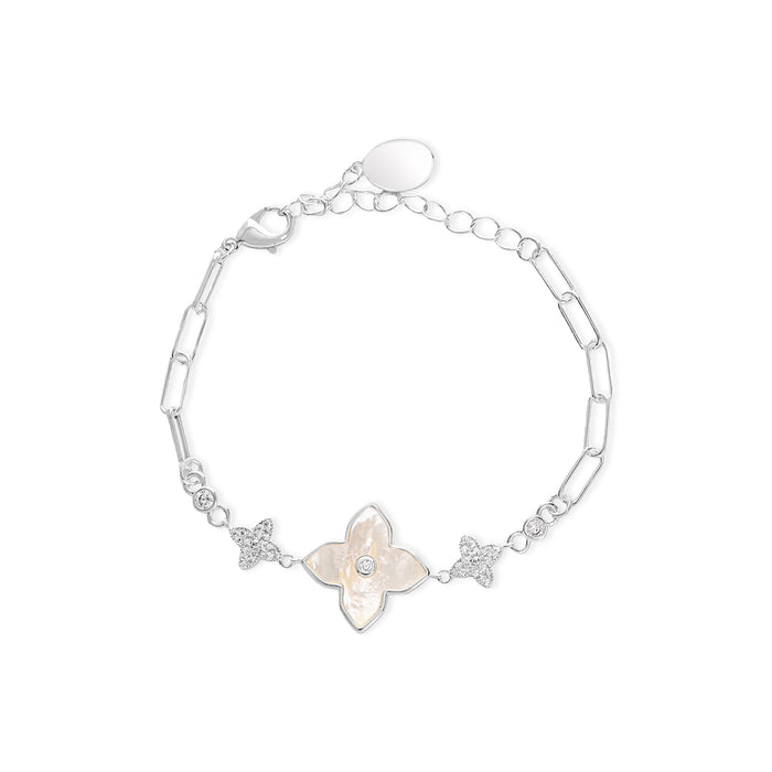 SILVER PLATED BRACELET  WITH CUBIC ZIRCONIA STONES AND MOTHER OF PEARL B2009SILVER WITH A FREE GIFT BOX.