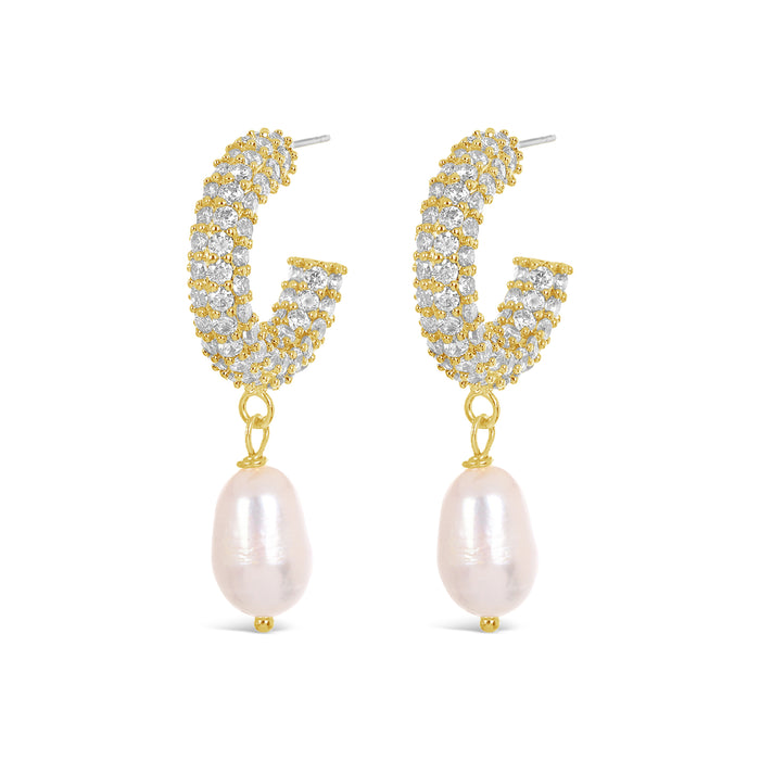 18K GOLD PLATED EARRINGS  CUBIC ZIRCONIA STONES AND FRESH WATER PEARL .WITH A FREE GIFT BOX.E2053GOLD