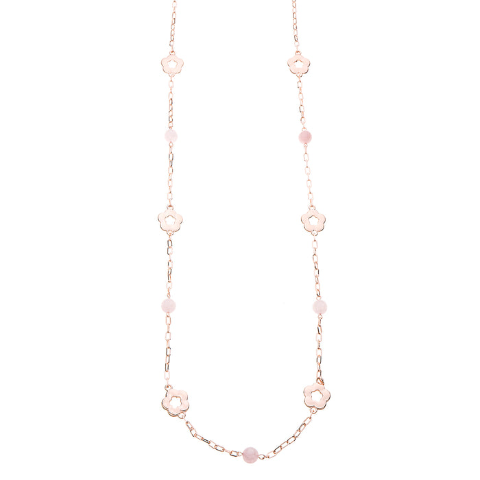 N1442PINK 36INCH NECKLACE WITH SEMI PRECIOUS ROSE QUARTZ STONES