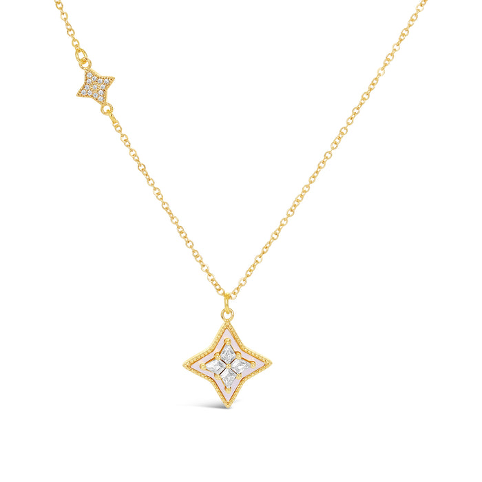 14K GOLD PLATED NECKLACE WITH MOTHER OF PEARL AND CUBIC ZIRCONIA STONES. N2132 WITH A FREE GIFT BOX