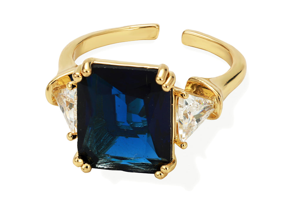 ADJUSTABLE RING WITH 14K GOLD PLATING AND CUBIC ZIRCONIA STONES.WITH A FREE GIFT BOX.R1939LTBLUE