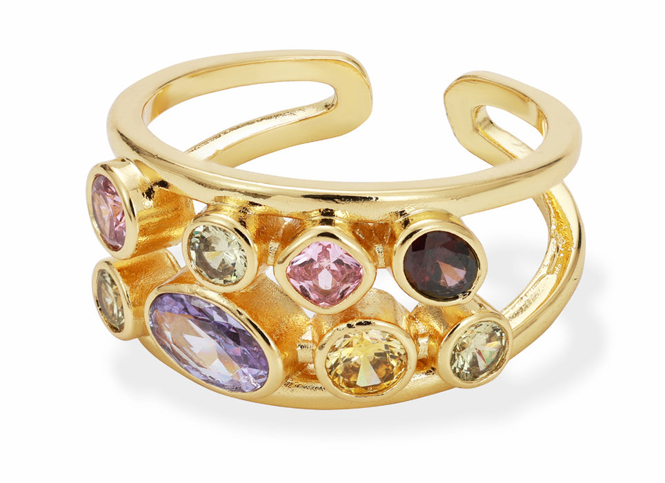 ADJUSTABLE RING WITH 14K GOLD PLATING AND CUBIC ZIRCONIA STONES.WITH A FREE GIFT BOX.R1940